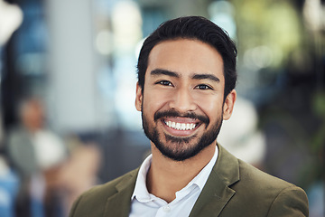 Image showing Business man, face and smile in portrait with success, professional mission and mindset outdoor in city. Mockup space, headshot and happy with career, job achievement and goals, leadership in India