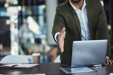 Image showing Welcome, opportunity or businessman with a handshake in a job interview in an office building or workplace. Partnership, collaboration or successful manager shaking hands for contract or agreement