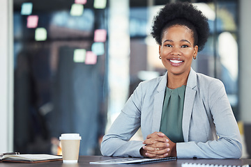 Image showing Planning, office portrait and black woman with company mission, goals or startup management strategy. Professional employee, business or corporate person with ideas, vision for success and leadership