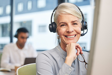 Image showing Face of call center consultant, woman telemarketing agent or virtual assistant in customer services and support smile. Contact us, ecommerce help and senior person portrait in business crm consulting