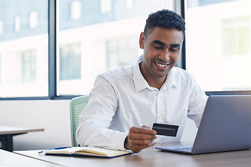 Image showing Internet payment, credit card and business man doing corporate banking budget work. Office, savings information and loan of a insurance agent employee working with company finance information