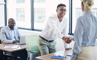 Image showing Partnership, handshake and greeting business people in office in an agreement, collaboration and as colleagues. Team, corporate and meeting employee and worker at the workplace together