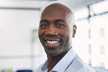 Image showing Business, leadership and portrait of happy black man, confident startup ceo and company manager. Vision, future and proud businessman, leaderin growth and development of corporate Africa with smile