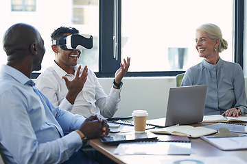 Image showing Virtual reality, people meeting and future technology with software test and company metaverse experience. VR glasses of digital team, employees or happy business group in futuristic database review