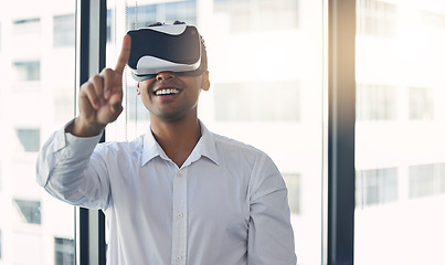 Image showing VR, touching and businessman with a headset for a metaverse, digital planning and 3d innovation. Futuristic, working and employee with glasses for cyber marketing, virtual reality idea and creativity