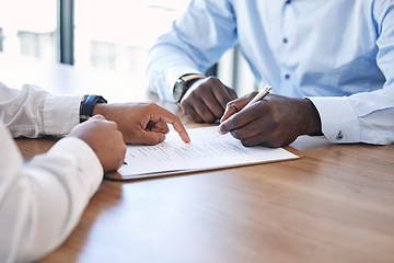 Image showing Hand, signature and contract with a business man in a meeting with human resources for performance review. Documents, hiring and recruitment with a male employee signing paperwork in an office