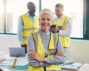 Image showing Senior woman, portrait and engineering project manager with construction gear and project blueprint. Architecture team, building plans and proud elderly industrial employee with staff and smile