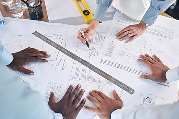 Image showing Ruler, top view and hands with blueprint, team and planning for new project, brainstorming and deadline. Closeup, zoom and architecture for building, equipment and staff with teamwork and share idea