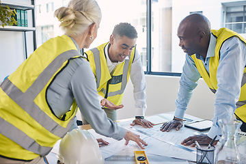 Image showing Architect, building and construction team in planning strategy, blueprints or meeting for project layout at office. Group of diverse engineers or contractors discussing floor plan or architecture