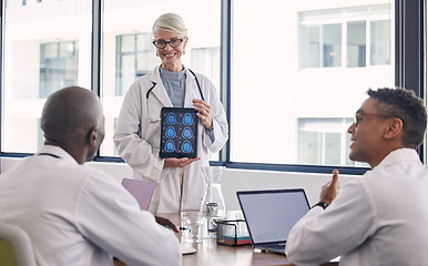Image showing Brain, healthcare meeting and doctors presentation in neurology research, results and hospital solution. Medical professional, tablet screen and xray of woman and stakeholder people ideas or planning