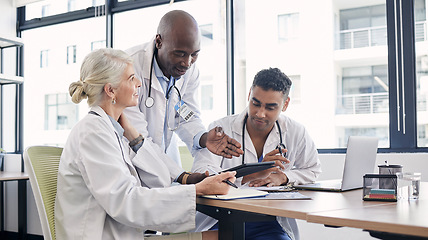 Image showing Healthcare, teamwork and staff talking, tablet and planning for procedure, telehealth and office. Doctors, medical professionals and coworkers in wok place, check results and discussion for diagnosis