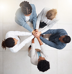 Image showing Hands stack, business people and team building of company mission, startup collaboration and group goals. Employee engagement, together hand sign and diversity circle in solidarity and teamwork above