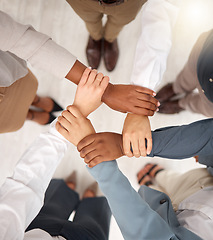 Image showing Team, business people and holding hands for work community, support and teamwork. Team building, diversity and group collaboration motivation of corporate employees with solidarity and hope together