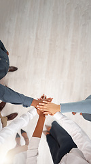 Image showing Top view, mockup and business with hands, collaboration and partnership for new project, team building and diversity. Corporate, employees and coworkers in office, gesture for support and solidarity