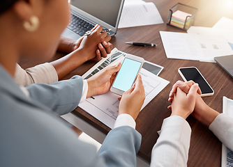 Image showing Meeting, phone and business people with mockup screen for mobile app, networking and internet research. Communication, technology and hands with smartphone for marketing, advertising and branding