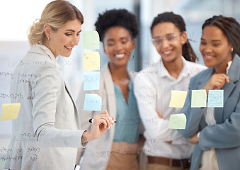 Image showing Woman writing, business meeting and women team collaboration by a office board. Diversity, happiness and teamwork of corporate staff planning a content creation checklist and schedule for strategy