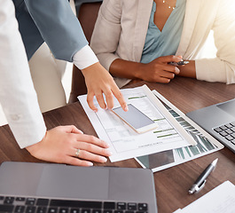 Image showing Finance, mockup and hands of business people with a phone for website, contact or screen branding. Social media, planning and employees on a mobile app for accounting, financial advice and space