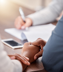 Image showing Holding hands, black couple and contract of people in a life insurance meeting with solidarity. Marriage support, love and care busy with documents for healthcare agreement and policy deal at desk