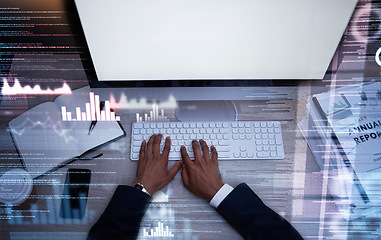 Image showing Hands, keyboard and typing on screen, mockup and fintech and digital transformation, code and futuristic overlay. Analytics, graph and work night with IT, tech support and business man with computer