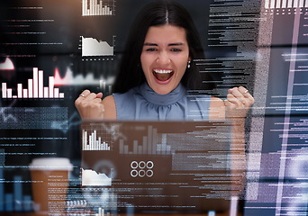 Image showing Excited, stock market and finance with woman and laptop with overlay for growth, trading and cryptocurrency news. Data, success and winner with employee and digital chart for trading and investment