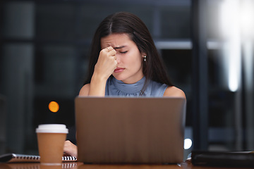 Image showing Stress, woman and night business on laptop in office with headache, doubt and depression. Tired worker, burnout and working late with mistake, anxiety and fatigue of crisis, pain and mental health