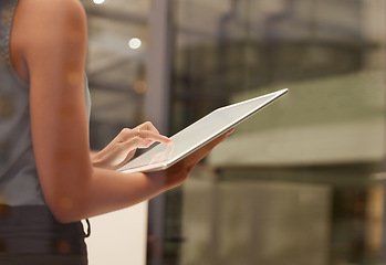 Image showing Hands, tablet and research with a business woman in the office for planning or strategy next to mockup. Internet, data and innovation with a female employee standing at work for company growth