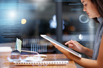 Image showing Digital tablet overlay, cybersecurity data and woman programmer with crypto data for fintech. Online code, ux research and information technology graphic of a employee coding with web analytics