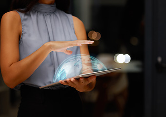 Image showing World tablet overlay, woman hand and global hologram for international cyber research at night. Mockup, 3d cybersecurity information and data analytics for online coding transformation with high tech