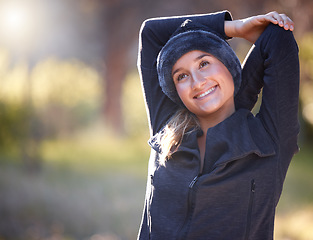 Image showing Hiking, stretching and mock up with a woman in nature, thinking about a hike in the woods or forest. Fitness, warm up and a female hiker getting ready for a walk outside in the natural wilderness