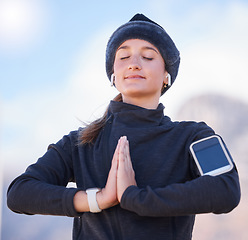 Image showing Woman, praying hands and training at park, city or focus on meditation, breathing and start morning exercise. Gen z runner girl, smartphone and outdoor with peace for mindfulness, health and wellness