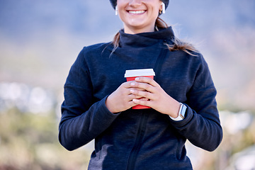 Image showing Hands, coffee and woman in city for fitness, smile and start morning for training, running and exercise adventure. Gen z runner girl, smartwatch and outdoor with drink for energy, health and wellness