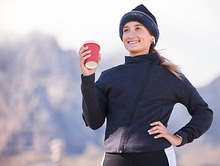 Image showing Woman, music and coffee for outdoor exercise at park, mountain and smile to start morning training. Gen z runner girl, earpods and happy with drink for energy, health goal and wellness with vision