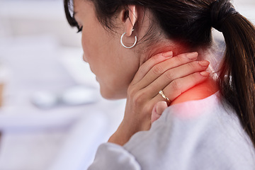 Image showing Hand, neck and injury with a business woman to holding her back in pain while working in the office. Medical, posture and anatomy with a female employee suffering from cramp or inflammation at work