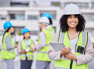 Image showing Leadership smile or happy construction black woman portrait for management or engineering success in construction site. Logistics, leader or engineering manager in safety helmet or vision development