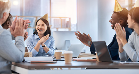 Image showing Office party, applause and new year with a business team in the boardroom for celebration together. Meeting, partnership or celebrating with a man and woman employee group clapping in the boardroom