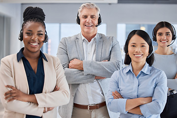 Image showing Call center portrait, consulting or happy team telemarketing on contact us CRM or telecom communication. Customer service diversity, ecommerce group or information technology consultant on microphone