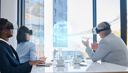 Image showing Virtual reality, vr earth hologram or business meeting collaboration, augmented reality or ai software. Digital transformation, future metaverse or diversity team planning global networking strategy