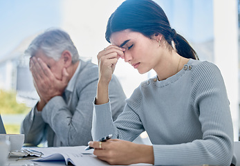 Image showing Stress, headache and business woman writing in book, pain or migraine in company office workplace. Mental health, depression or female employee with anxiety, head ache or fatigue, burnout or stressed