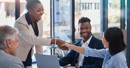 Image showing Handshake, acquisition and business people happy for investment deal, b2b contract or negotiation agreement. Diversity human resources, hiring welcome and administration job interview with HR manager