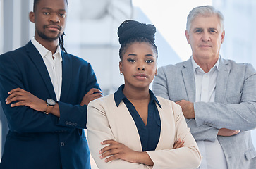 Image showing Portrait, arms crossed and black woman leadership with business people in office for company goals. Teamwork, diversity and group of employees with confident female ceo, vision and success mindset.