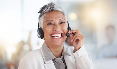 Image showing Customer support consulting, portrait and senior woman telemarketing on contact us CRM or telecom. Call center face, happy ecommerce communication and information technology consultant on microphone