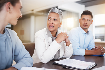 Image showing Meeting, discussion and business people with documents for marketing strategy, planning and ideas. Teamwork, partnership and manager talking to workers for financial review, paperwork and project