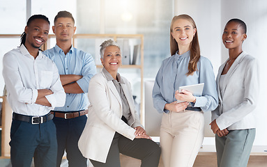 Image showing Diversity, portrait and business with staff, teamwork and partnership in modern office, planning and confident. Coworkers, multiracial and employees in workplace, brainstorming and new project ideas