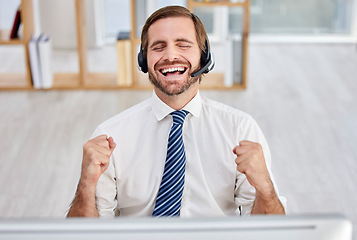 Image showing Success, celebration and laugh of business man in call center with happiness from promotion. Happy. consulting and winning achievement of a contact us telemarketing employee excited from bonus