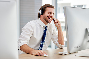 Image showing CRM, customer service or man for success on computer for support, consulting or networking in office. Happy callcenter or sales advisor on tech for telemarketing, research or telecom contact us help