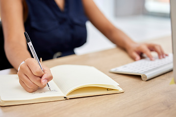 Image showing Hands, accountant or woman writing in notebook for financial strategy or company growth tax audit review in office. Finance, keyboard or advisor for stock market, invest budget or mortgage planning