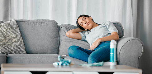 Image showing Tired, burnout and woman sleeping after cleaning, housework and cleaner fatigue on the sofa. Stress, bored and girl on the couch for sleep after a routine to clean the house in the living room