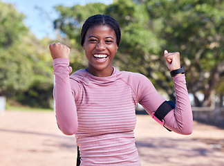 Image showing Fitness success, runner portrait and black woman with a smile from sport motivation and winning. Excited, happy athlete and young person outdoor feeling achievement from exercise target goal