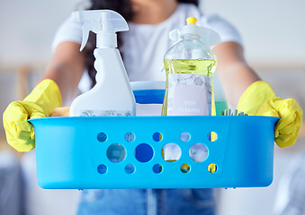 Image showing Hands, basket and cleaning tools for housekeeping, maintenance or disinfection in clean hygiene at home. Hand holding bucket of detergent supplies, equipment or chemical liquid for chores or services