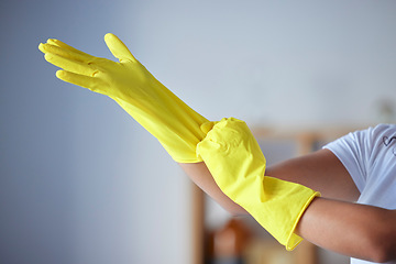 Image showing Hands, latex gloves and preparation for housekeeping, cleaning or disinfection safety from bacteria at home. Hand of cleaner in healthy hygiene, protection or service for sanitize or germ removal